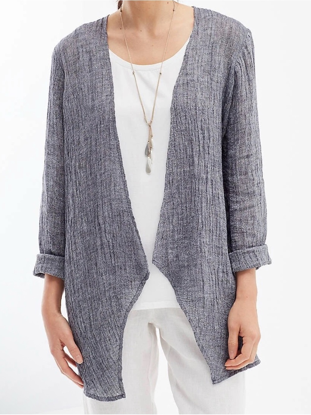 Linen Pure Jill J. Jill Blue Crinkle Linen Long Sleeve Open Front Cardigan  Sz L